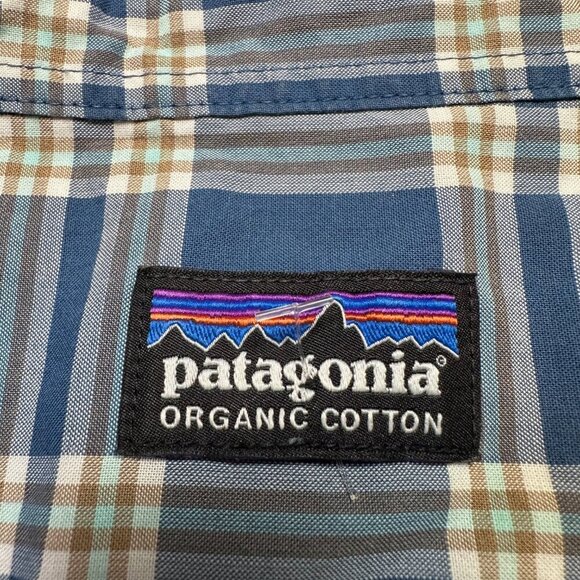 Patagonia Organic Cotton Blue & Cream Plaid Short Sleeve Button Down Size Medium - Picture 2 of 6